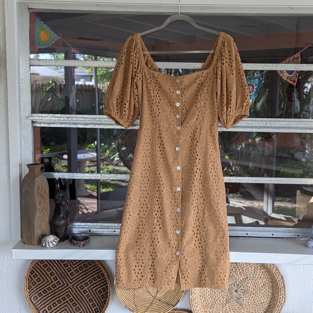 Puff-Sleeve Eyelet Midi Dress in Camel - Picture 2 of 13